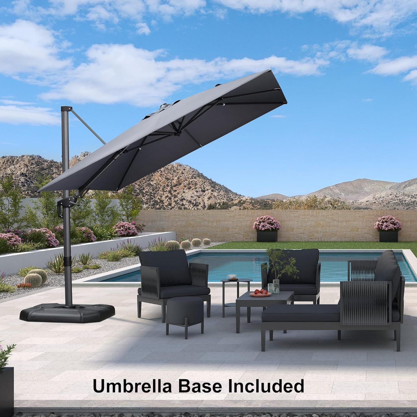 11 Feet Patio Umbrella with Base Outdoor Cantilever Round Umbrella Aluminum Offset Umbrella with 360-degree Rotation for Garden Deck Pool Patio, Beige