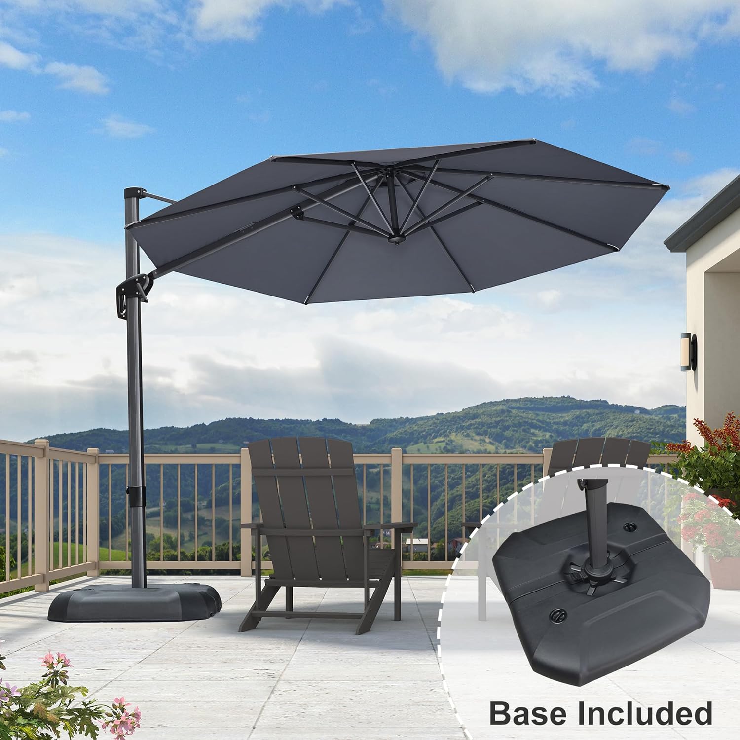 11 Feet Patio Umbrella with Base Outdoor Cantilever Round Umbrella Aluminum Offset Umbrella with 360-degree Rotation for Garden Deck Pool Patio, Beige