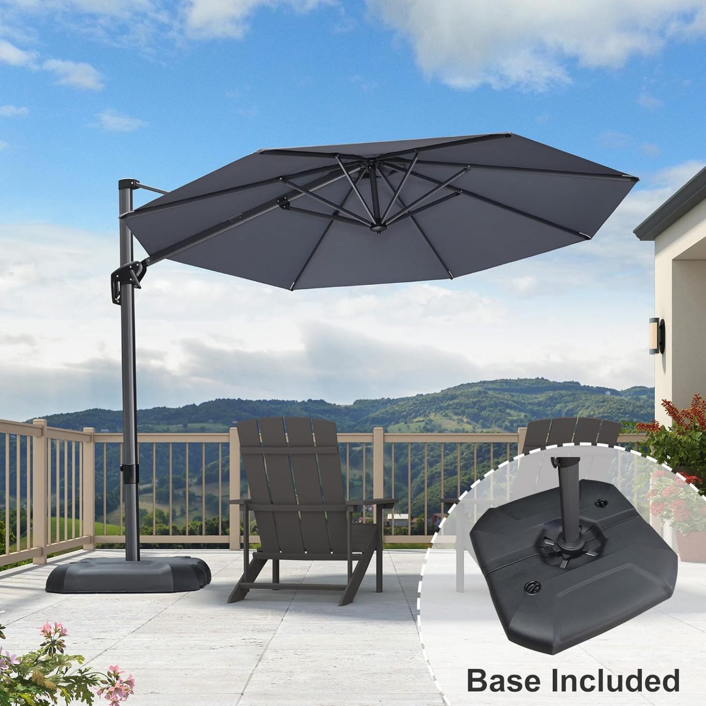 11 Feet Patio Umbrella with Base Outdoor Cantilever Round Umbrella Aluminum Offset Umbrella with 360-degree Rotation for Garden Deck Pool Patio, Beige