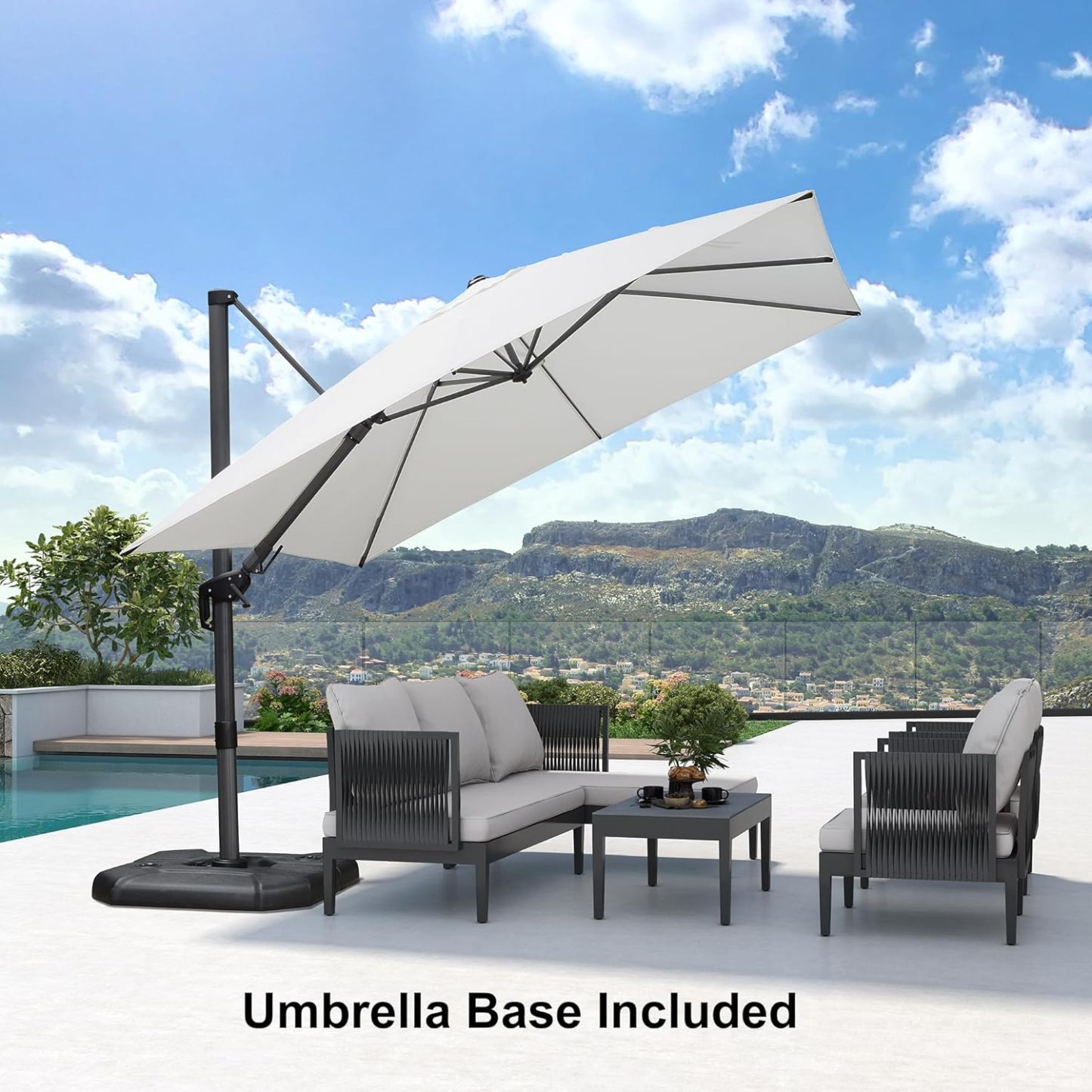 11 Feet Patio Umbrella with Base Outdoor Cantilever Round Umbrella Aluminum Offset Umbrella with 360-degree Rotation for Garden Deck Pool Patio, Beige