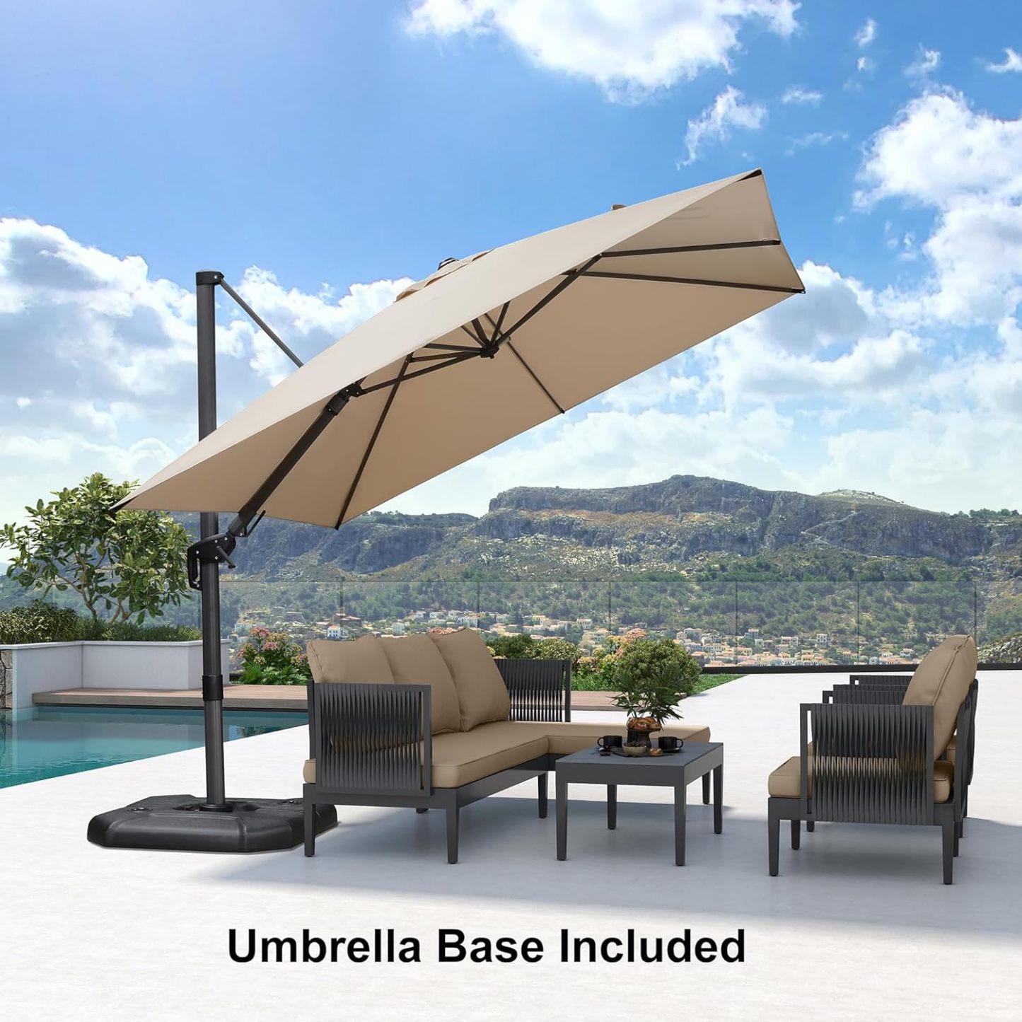 11 Feet Patio Umbrella with Base Outdoor Cantilever Round Umbrella Aluminum Offset Umbrella with 360-degree Rotation for Garden Deck Pool Patio, Beige