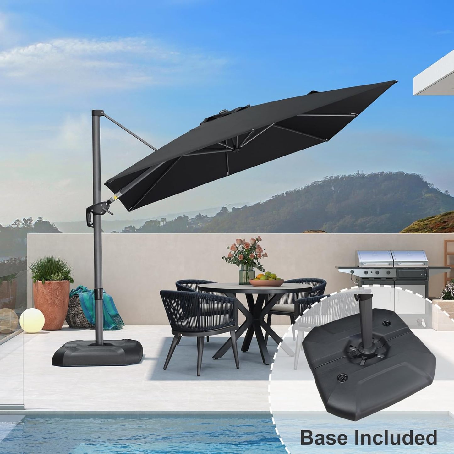 11 Feet Patio Umbrella with Base Outdoor Cantilever Round Umbrella Aluminum Offset Umbrella with 360-degree Rotation for Garden Deck Pool Patio, Beige