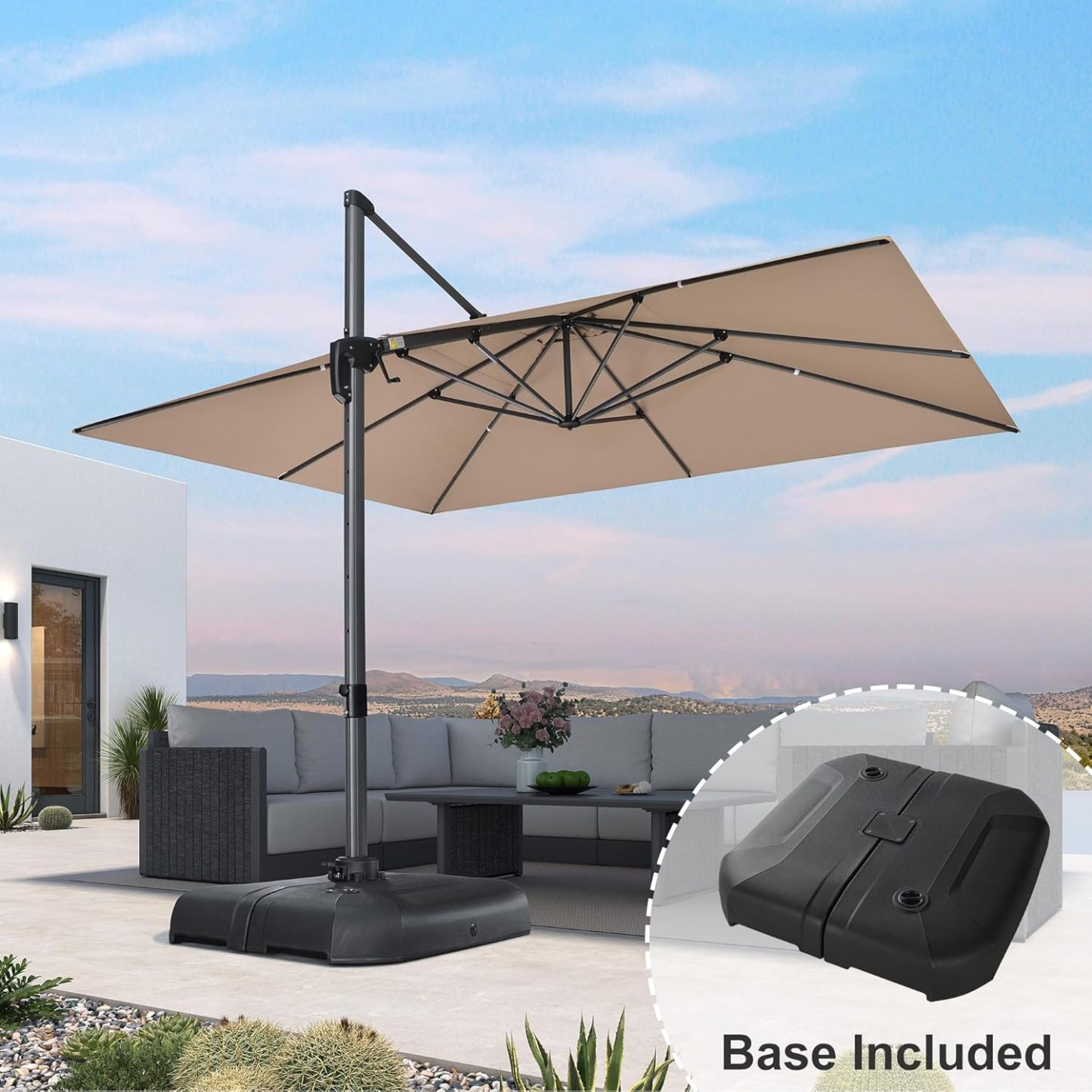11 Feet Patio Umbrella with Base Outdoor Cantilever Round Umbrella Aluminum Offset Umbrella with 360-degree Rotation for Garden Deck Pool Patio, Beige