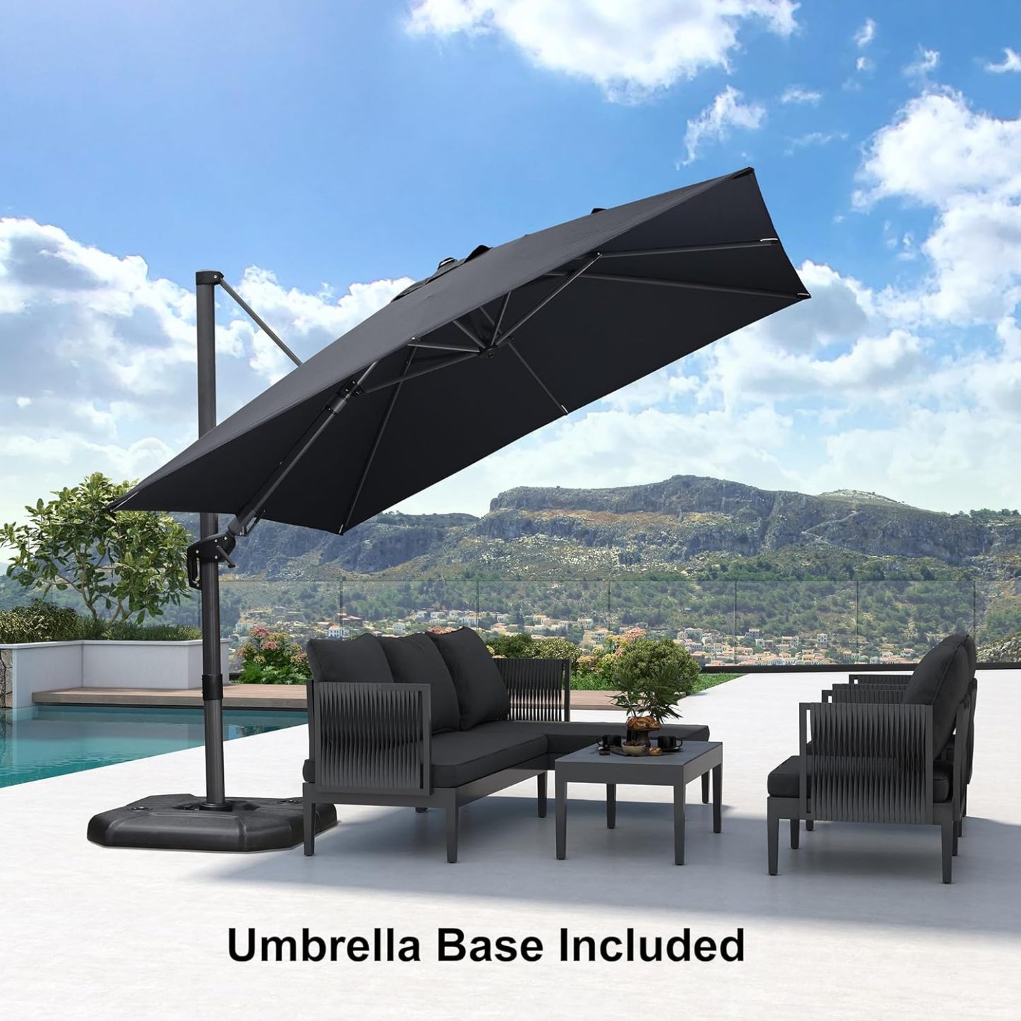 11 Feet Patio Umbrella with Base Outdoor Cantilever Round Umbrella Aluminum Offset Umbrella with 360-degree Rotation for Garden Deck Pool Patio, Beige