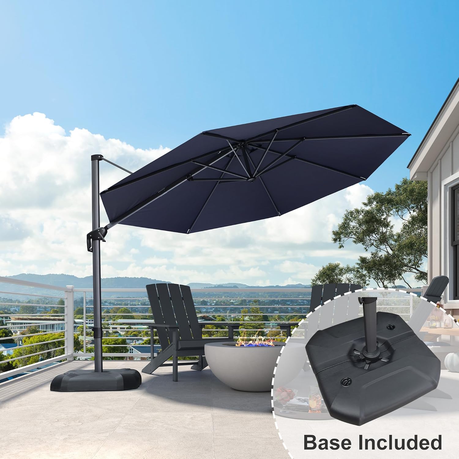 11 Feet Patio Umbrella with Base Outdoor Cantilever Round Umbrella Aluminum Offset Umbrella with 360-degree Rotation for Garden Deck Pool Patio, Beige