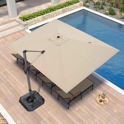 11 Feet Patio Umbrella with Base Outdoor Cantilever Round Umbrella Aluminum Offset Umbrella with 360-degree Rotation for Garden Deck Pool Patio, Beige