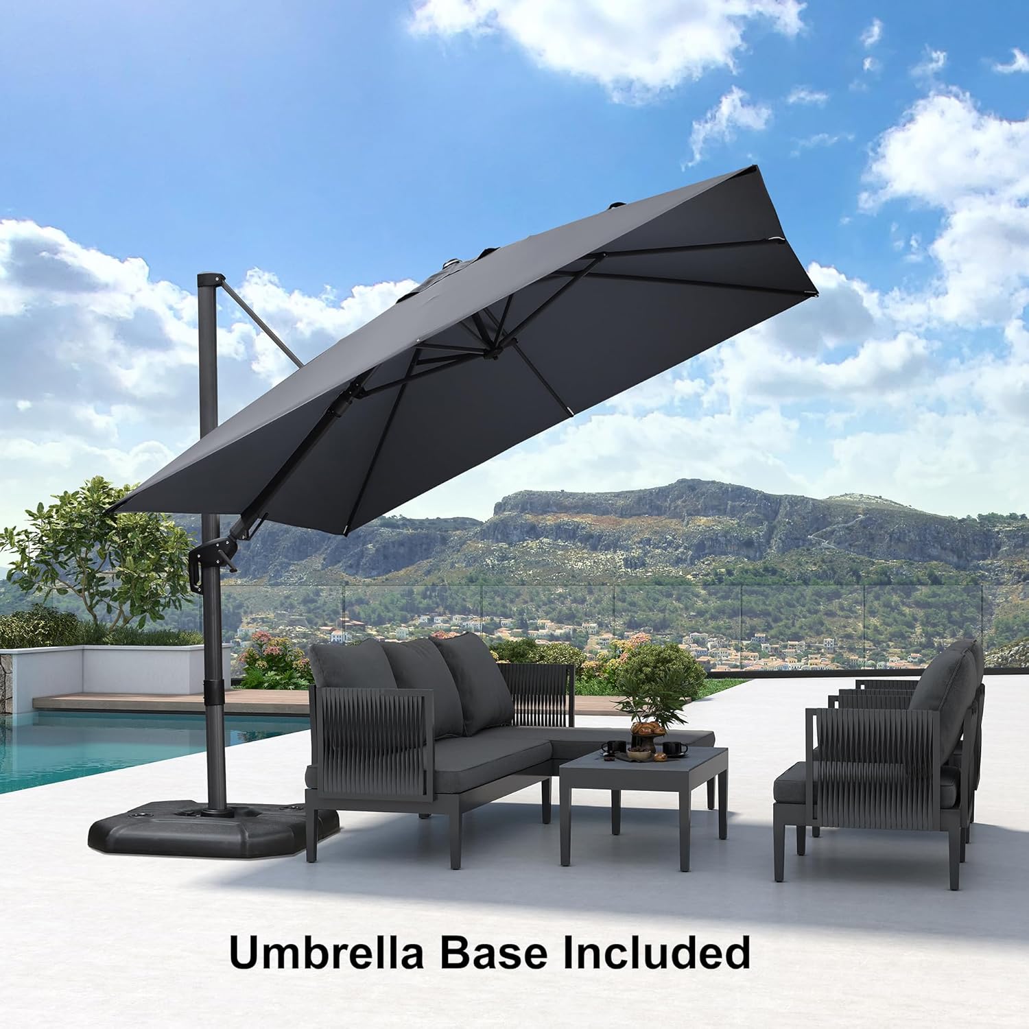11 Feet Patio Umbrella with Base Outdoor Cantilever Round Umbrella Aluminum Offset Umbrella with 360-degree Rotation for Garden Deck Pool Patio, Beige