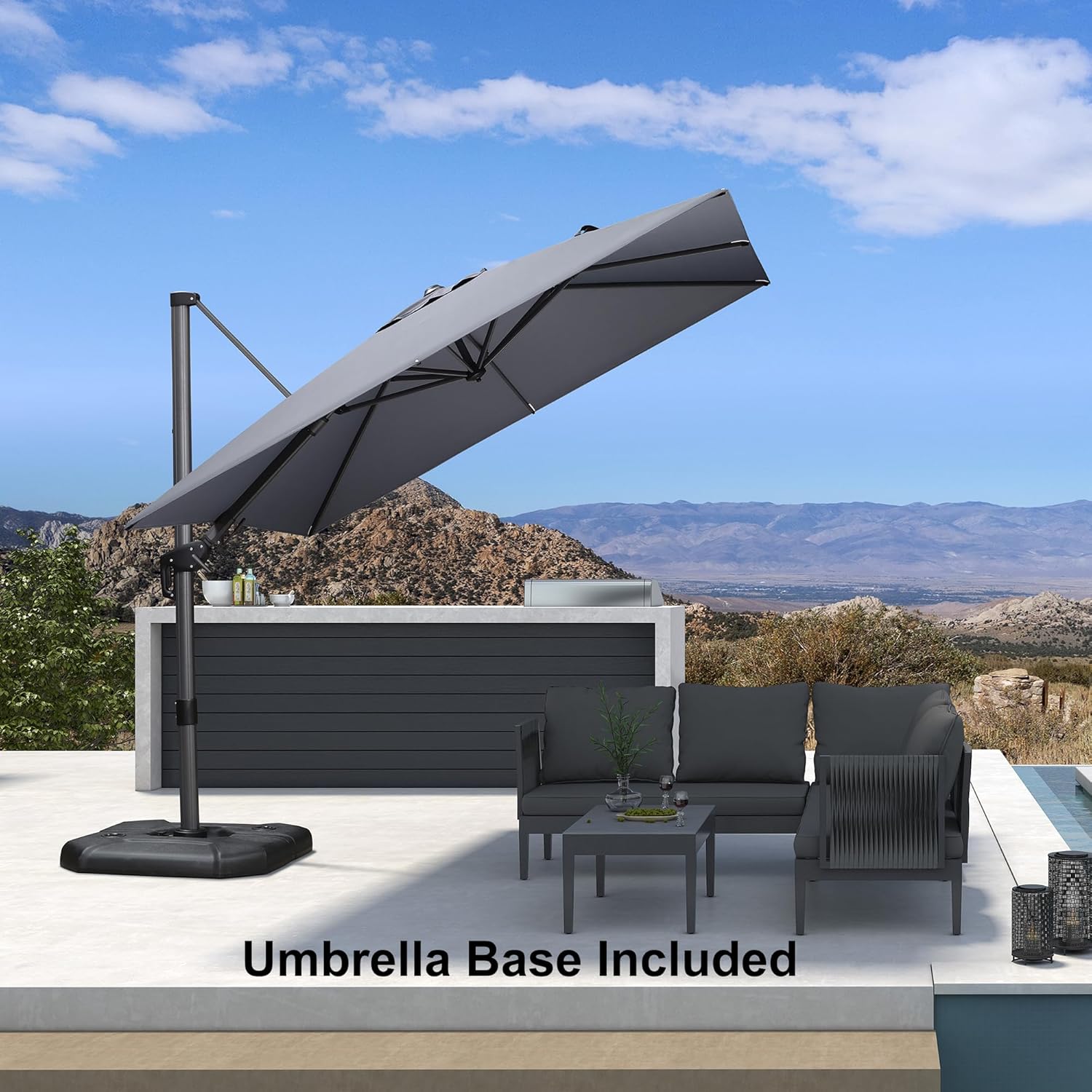 11 Feet Patio Umbrella with Base Outdoor Cantilever Round Umbrella Aluminum Offset Umbrella with 360-degree Rotation for Garden Deck Pool Patio, Beige
