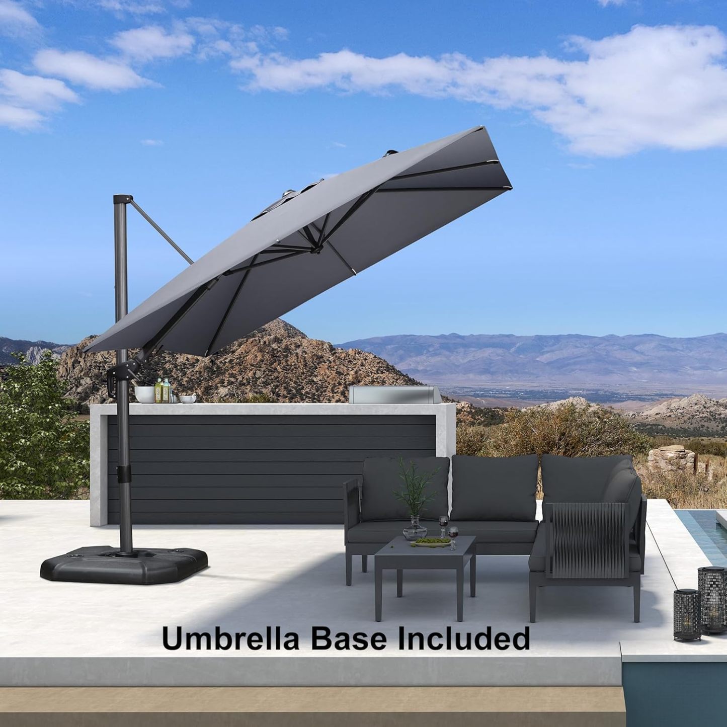 11 Feet Patio Umbrella with Base Outdoor Cantilever Round Umbrella Aluminum Offset Umbrella with 360-degree Rotation for Garden Deck Pool Patio, Beige