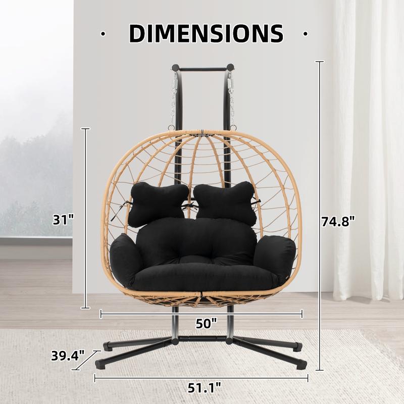 RIWENGO Double Hanging Egg Chair with Cushion, 700lbs Capacity - Foldable Patio Chair with Handwoven PE Wicker & Rust-Proof Frame, for Garden, Porch, Backyard