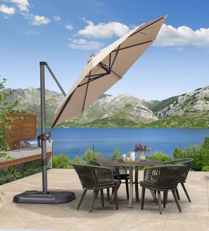 11 Feet Patio Umbrella with Base Outdoor Cantilever Round Umbrella Aluminum Offset Umbrella with 360-degree Rotation for Garden Deck Pool Patio, Beige