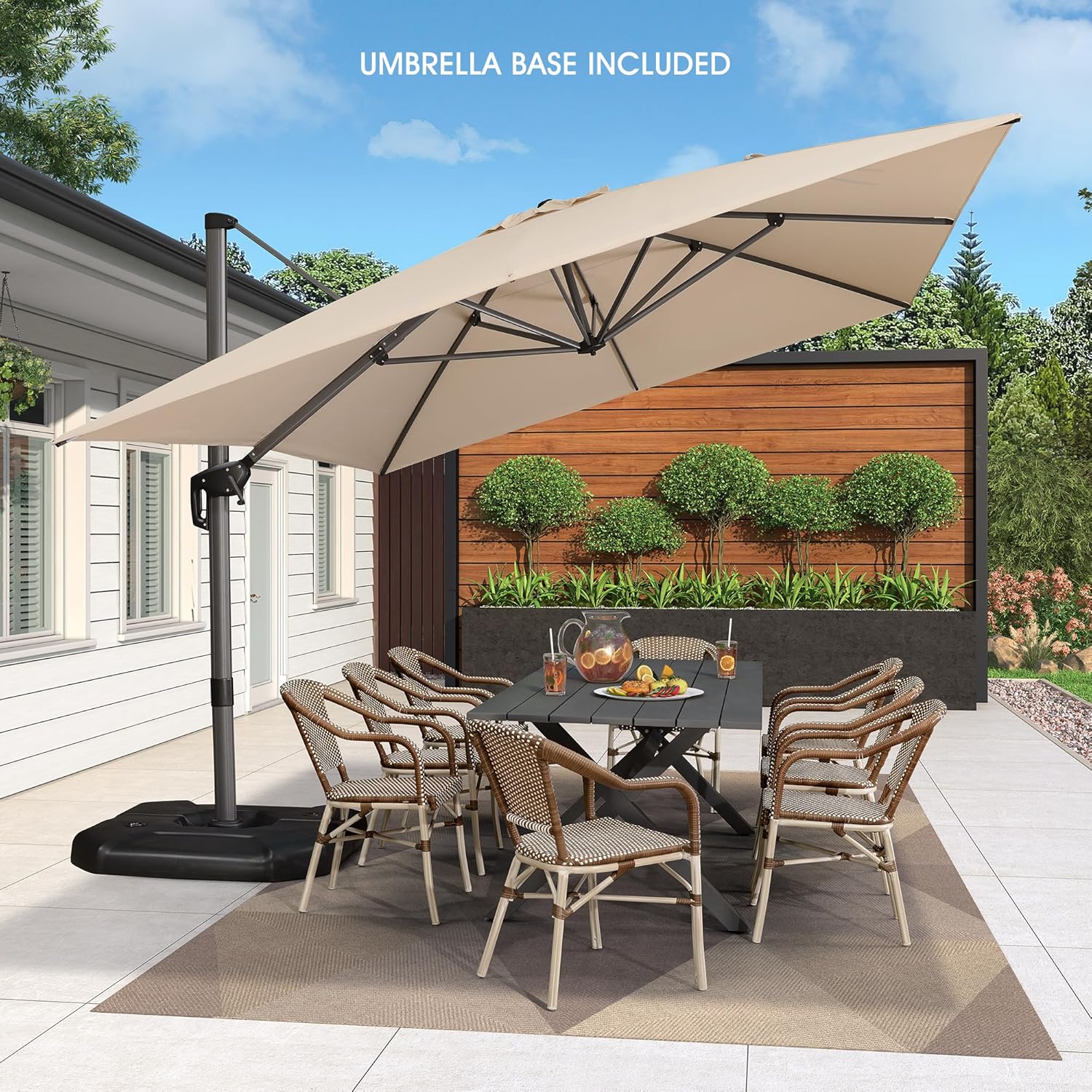 11 Feet Patio Umbrella with Base Outdoor Cantilever Round Umbrella Aluminum Offset Umbrella with 360-degree Rotation for Garden Deck Pool Patio, Beige