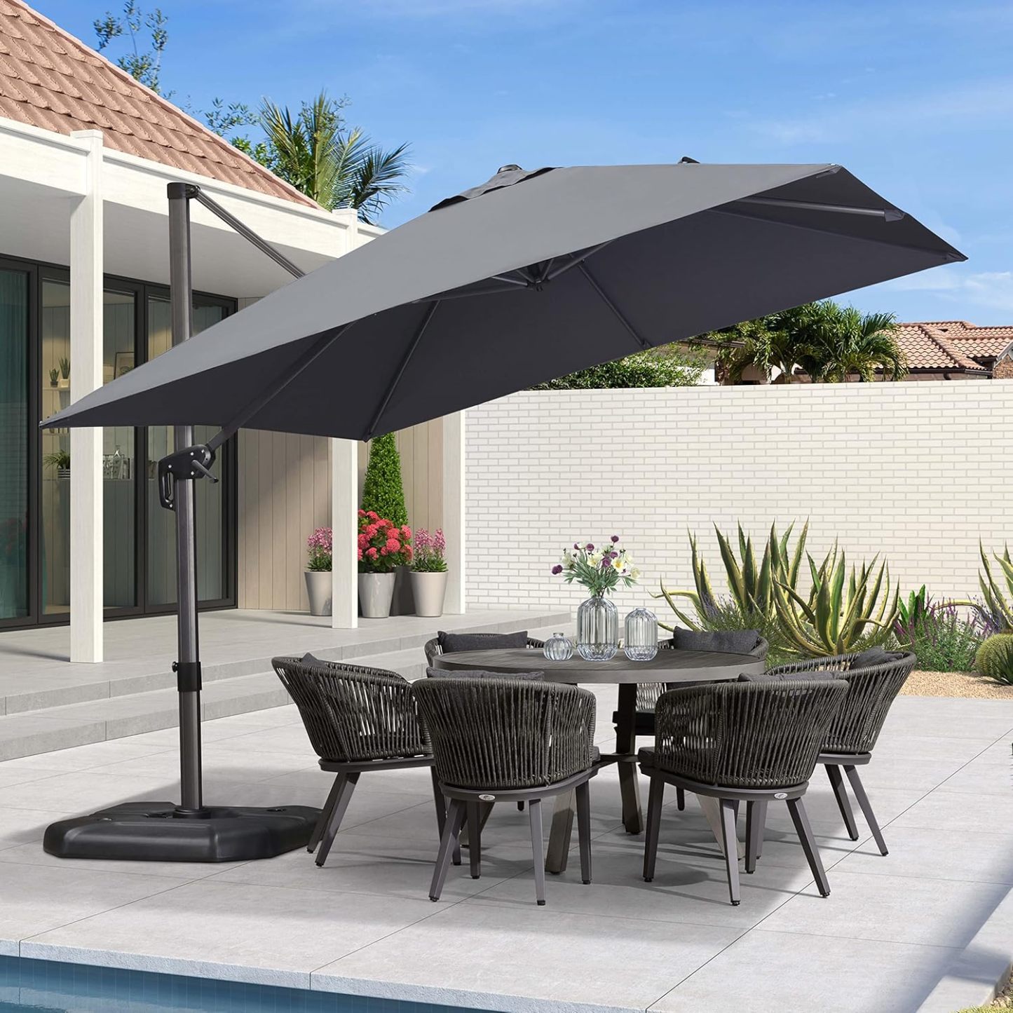 11 Feet Patio Umbrella with Base Outdoor Cantilever Round Umbrella Aluminum Offset Umbrella with 360-degree Rotation for Garden Deck Pool Patio, Beige