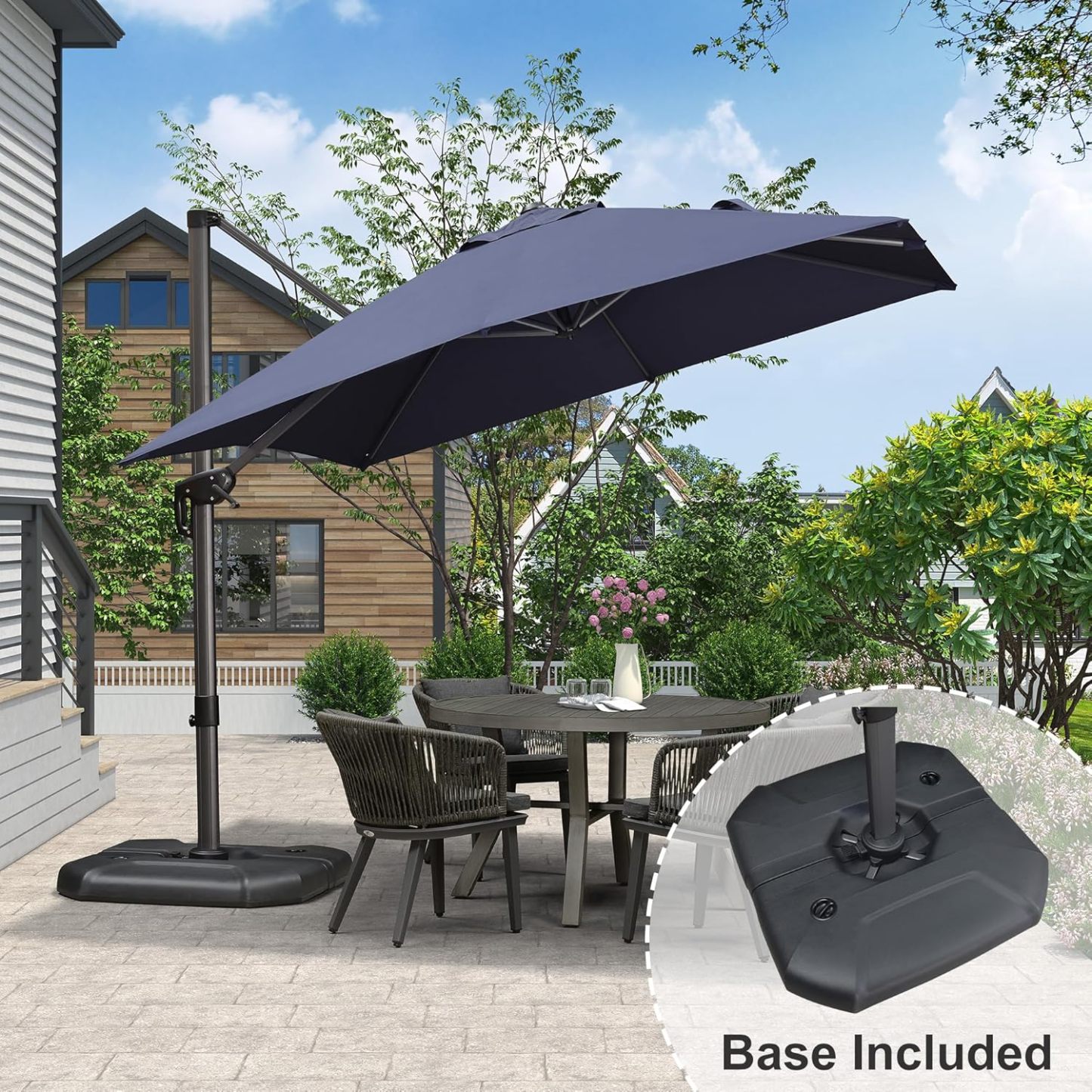 11 Feet Patio Umbrella with Base Outdoor Cantilever Round Umbrella Aluminum Offset Umbrella with 360-degree Rotation for Garden Deck Pool Patio, Beige