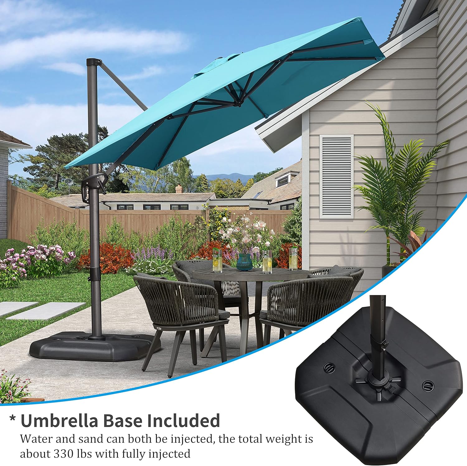 11 Feet Patio Umbrella with Base Outdoor Cantilever Round Umbrella Aluminum Offset Umbrella with 360-degree Rotation for Garden Deck Pool Patio, Beige