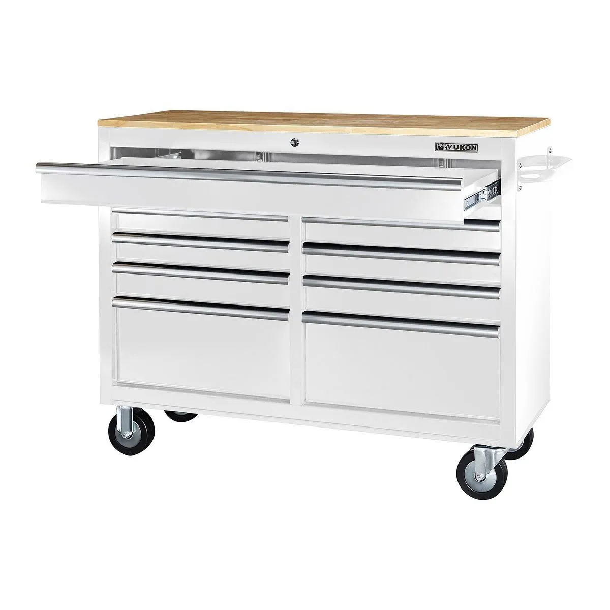 46 in. 9-Drawer Mobile Storage Cabinet with Solid Wood Top - White Workbench