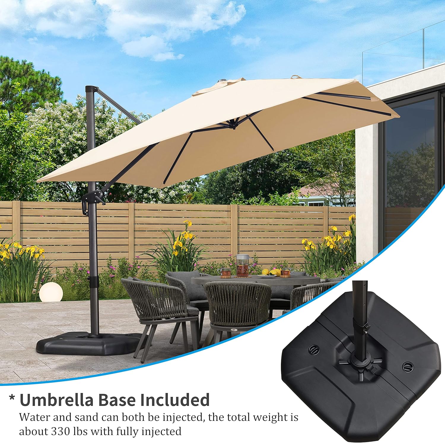 11 Feet Patio Umbrella with Base Outdoor Cantilever Round Umbrella Aluminum Offset Umbrella with 360-degree Rotation for Garden Deck Pool Patio, Beige