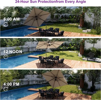 11 Feet Patio Umbrella with Base Outdoor Cantilever Round Umbrella Aluminum Offset Umbrella with 360-degree Rotation for Garden Deck Pool Patio, Beige