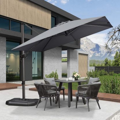 11 Feet Patio Umbrella with Base Outdoor Cantilever Round Umbrella Aluminum Offset Umbrella with 360-degree Rotation for Garden Deck Pool Patio, Beige