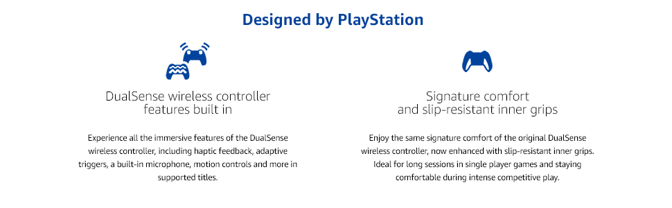 DualSense comfort & features—haptics, motion controls, adaptive triggers, grip for peak play.