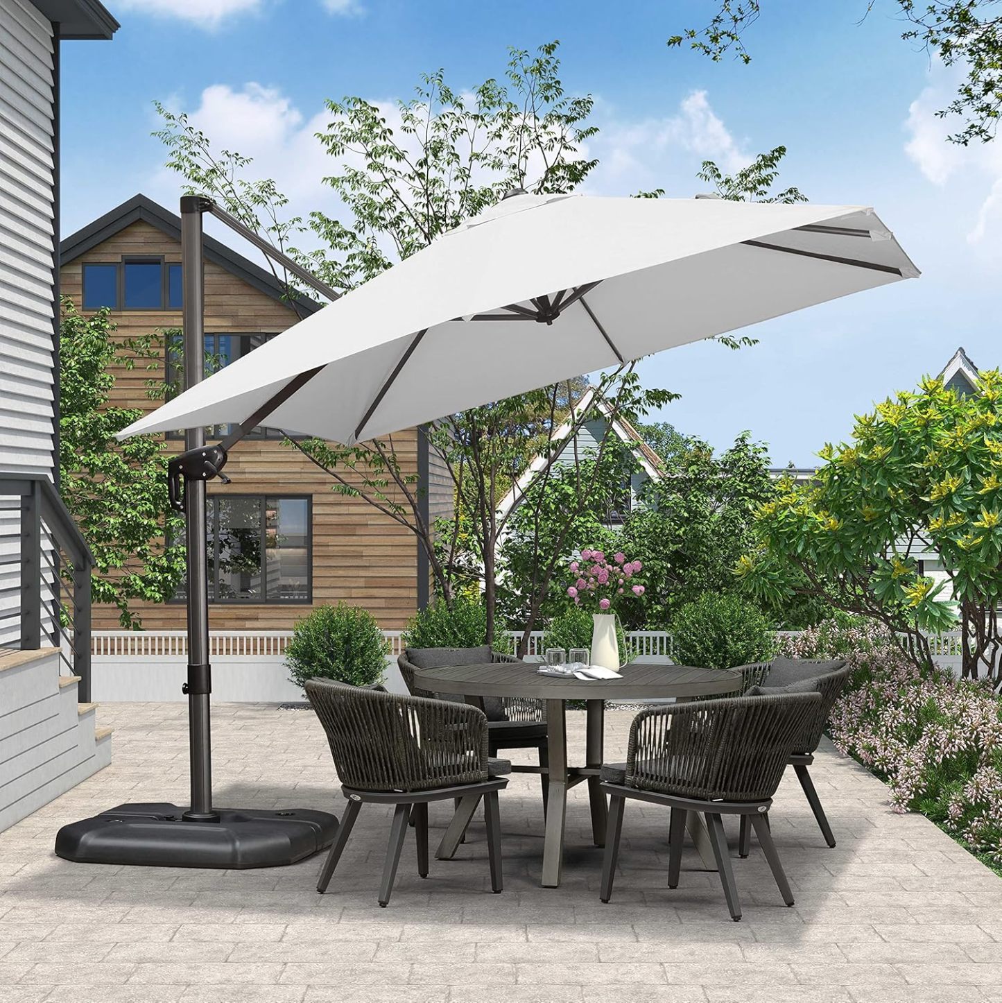 11 Feet Patio Umbrella with Base Outdoor Cantilever Round Umbrella Aluminum Offset Umbrella with 360-degree Rotation for Garden Deck Pool Patio, Beige
