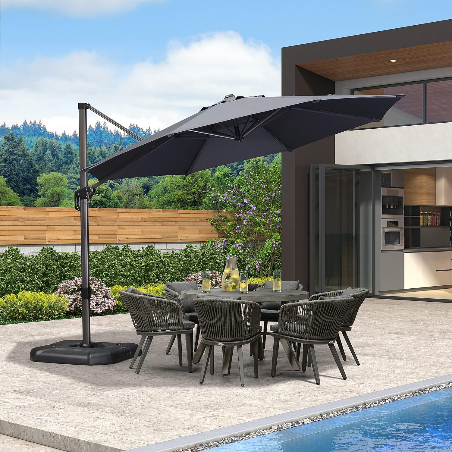 11 Feet Patio Umbrella with Base Outdoor Cantilever Round Umbrella Aluminum Offset Umbrella with 360-degree Rotation for Garden Deck Pool Patio, Beige