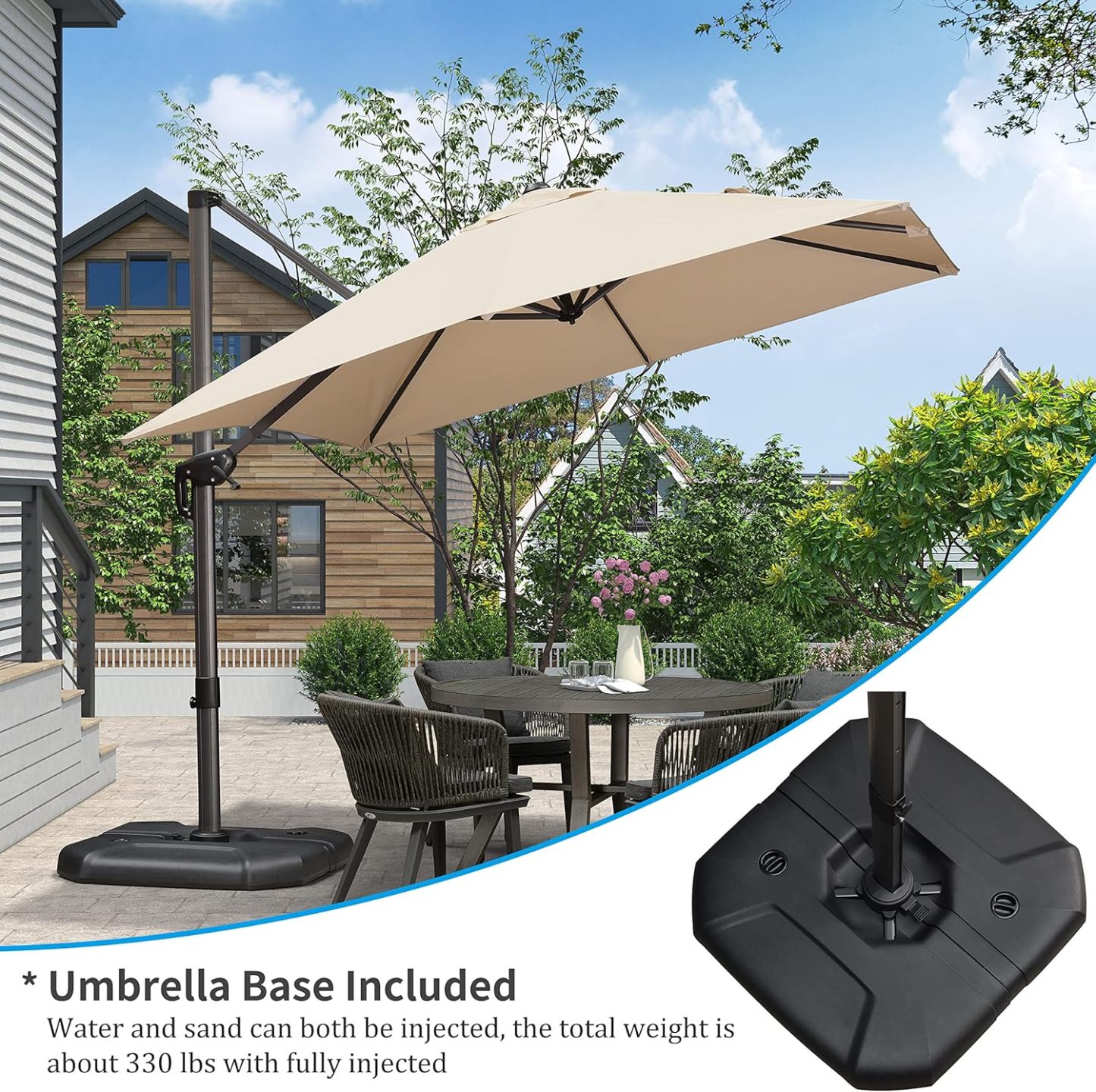11 Feet Patio Umbrella with Base Outdoor Cantilever Round Umbrella Aluminum Offset Umbrella with 360-degree Rotation for Garden Deck Pool Patio, Beige