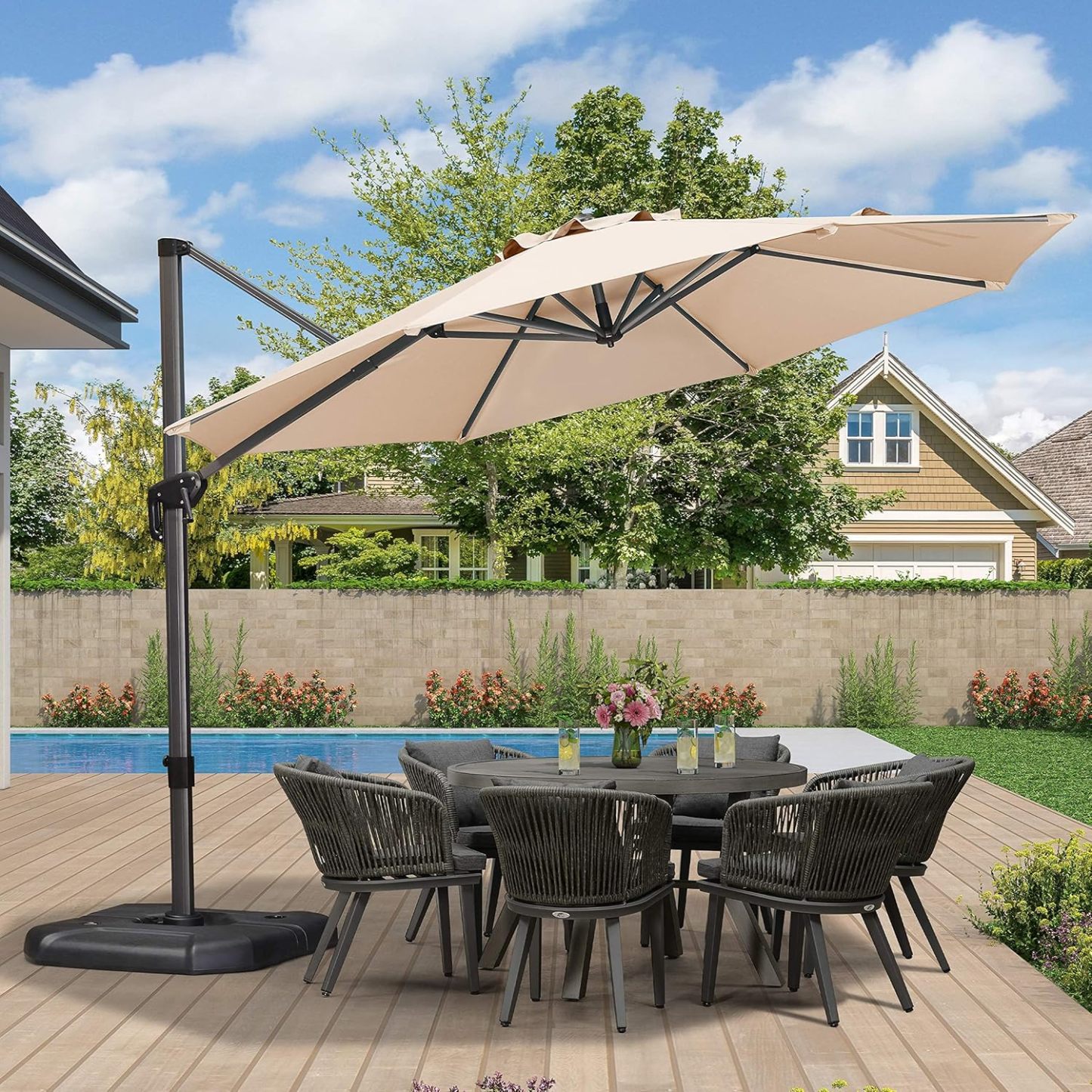 11 Feet Patio Umbrella with Base Outdoor Cantilever Round Umbrella Aluminum Offset Umbrella with 360-degree Rotation for Garden Deck Pool Patio, Beige