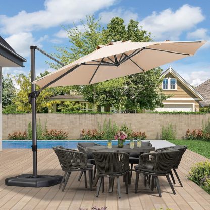 11 Feet Patio Umbrella with Base Outdoor Cantilever Round Umbrella Aluminum Offset Umbrella with 360-degree Rotation for Garden Deck Pool Patio, Beige