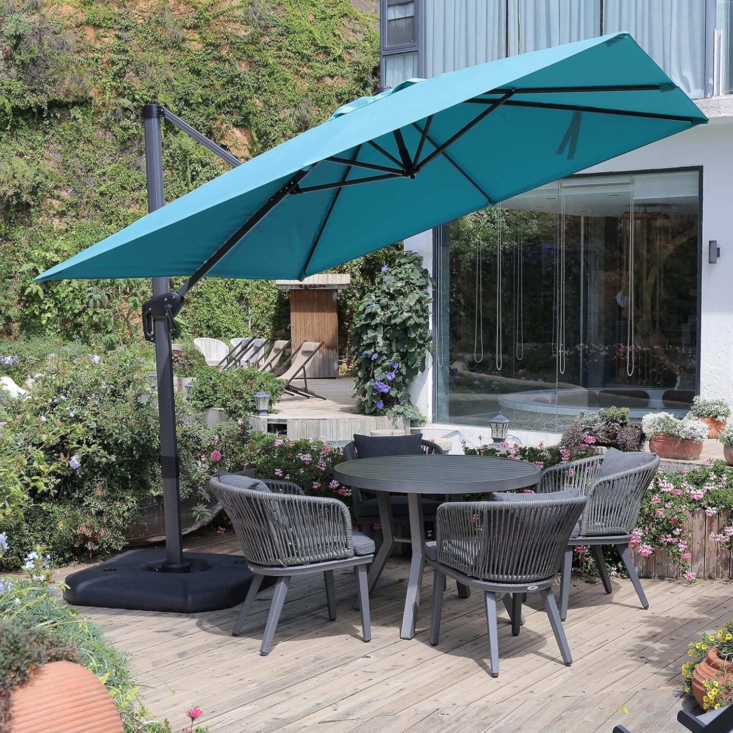 11 Feet Patio Umbrella with Base Outdoor Cantilever Round Umbrella Aluminum Offset Umbrella with 360-degree Rotation for Garden Deck Pool Patio, Beige