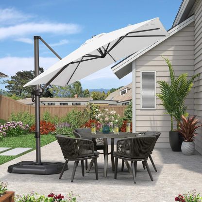 11 Feet Patio Umbrella with Base Outdoor Cantilever Round Umbrella Aluminum Offset Umbrella with 360-degree Rotation for Garden Deck Pool Patio, Beige