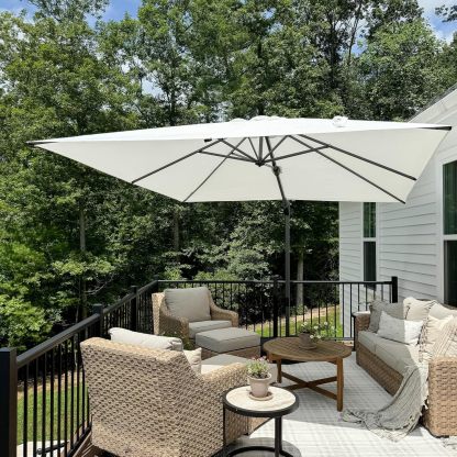 11 Feet Patio Umbrella with Base Outdoor Cantilever Round Umbrella Aluminum Offset Umbrella with 360-degree Rotation for Garden Deck Pool Patio, Beige