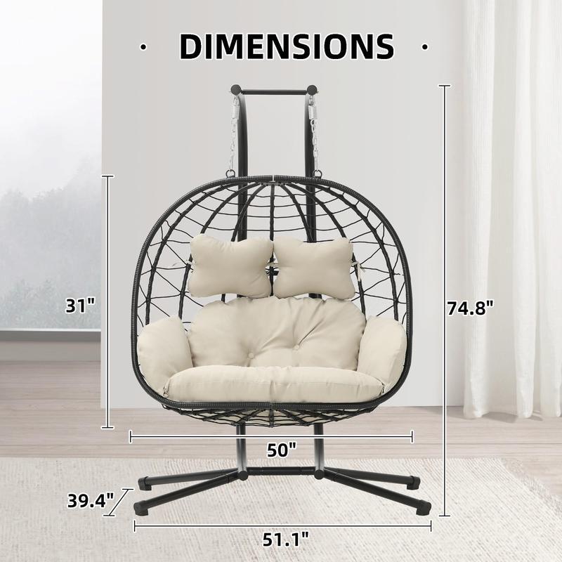 RIWENGO Double Hanging Egg Chair with Cushion, 700lbs Capacity - Foldable Patio Chair with Handwoven PE Wicker & Rust-Proof Frame, for Garden, Porch, Backyard