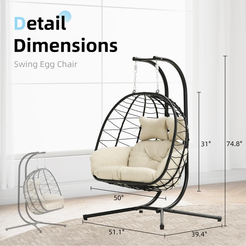 RIWENGO Double Hanging Egg Chair with Cushion, 700lbs Capacity - Foldable Patio Chair with Handwoven PE Wicker & Rust-Proof Frame, for Garden, Porch, Backyard