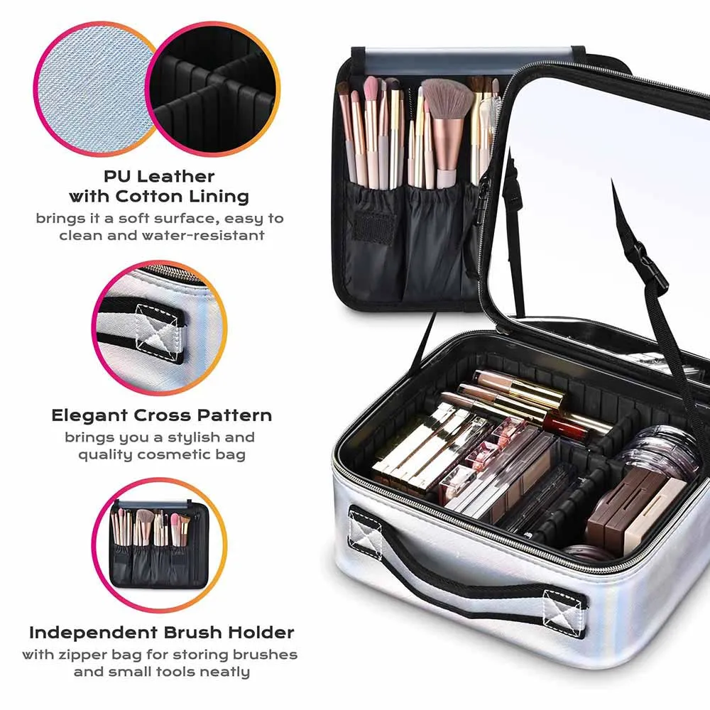 Makeup Bag with Lighted Mirror, Travel Make up Train Case with Adjustable LED