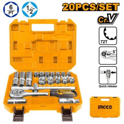 20 Pcs 1/2" Socket Set with Ratchet in Plastic Case – INGCO HKTS12201