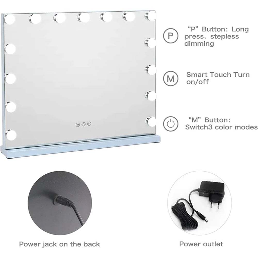 Large Hollywood Vanity Mirror with Lights Wall Mount Tabletop Metal White