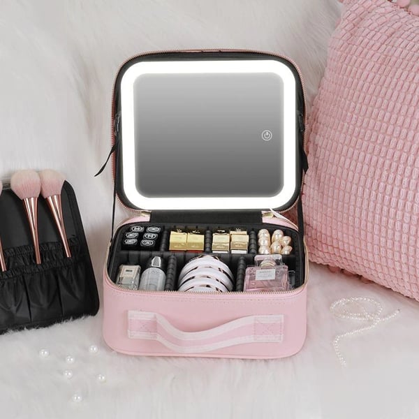 Makeup Bag with Lighted Mirror, Travel Make up Train Case with Adjusta