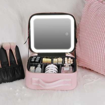 Makeup Bag with Lighted Mirror, Travel Make up Train Case with Adjustable LED