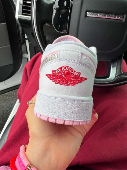 FLASH SALE Pink and White Swarovski Women’s Air Jordan 1 Low Shoes