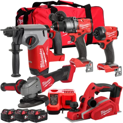18V Cordless 5 Piece Tool Kit with 3 x 5.0Ah Batteries & Charger in Bag T4TM-15