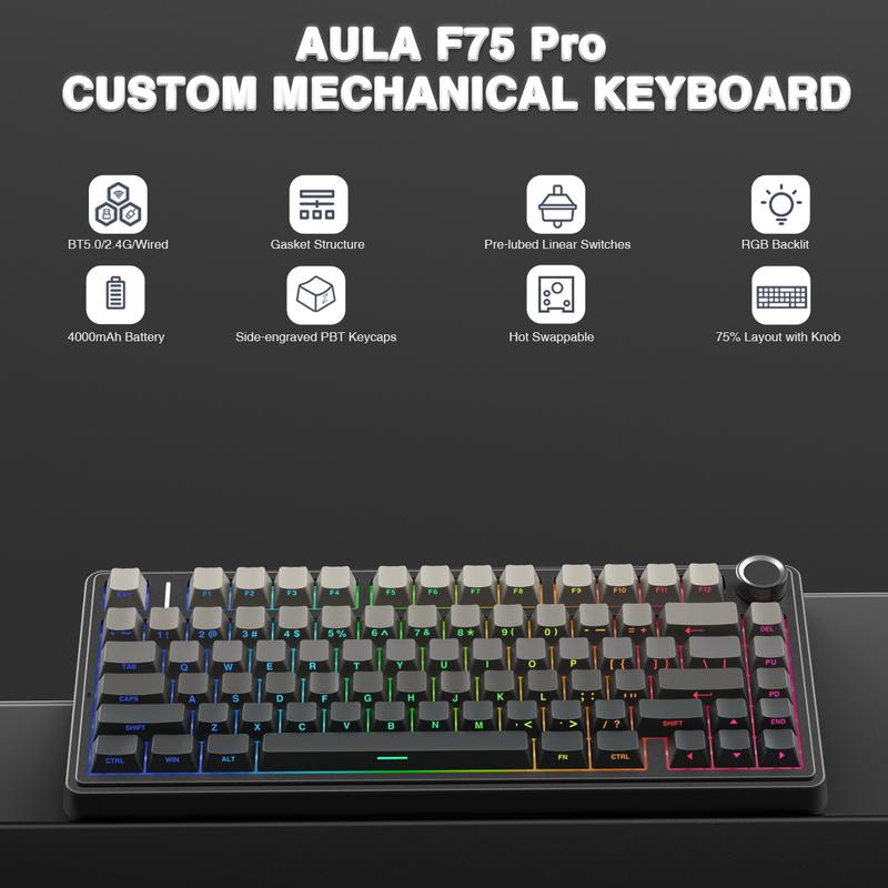 AULA F75 Pro Mechanical Keyboard RGB Backlit 2.4G Wireless Bluetooth Hot