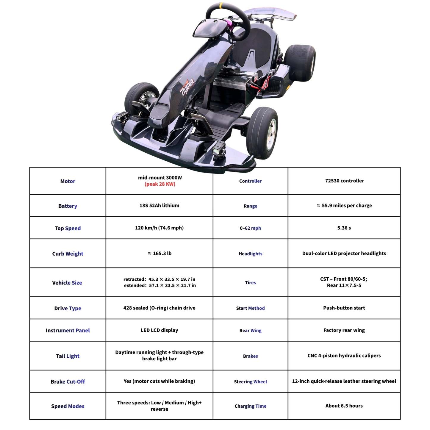 Zyliathor 3000W Mid-Mount Electric Racing Go-Kart