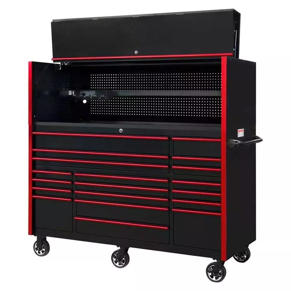 EXTREME TOOLS 72" RX SERIES 19-DRAWER 30" DEEP ROLLER CABINET W/HUTCH - BLACK W/RED DRAWER PULLS
