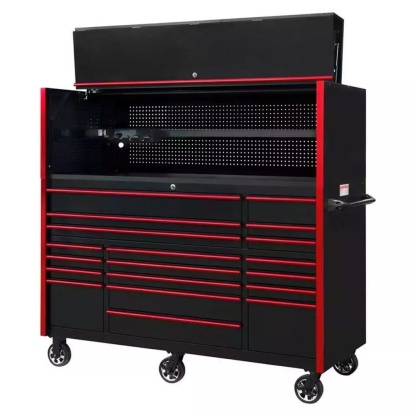 EXTREME TOOLS 72" RX SERIES 19-DRAWER 30" DEEP ROLLER CABINET W/HUTCH - BLACK W/RED DRAWER PULLS