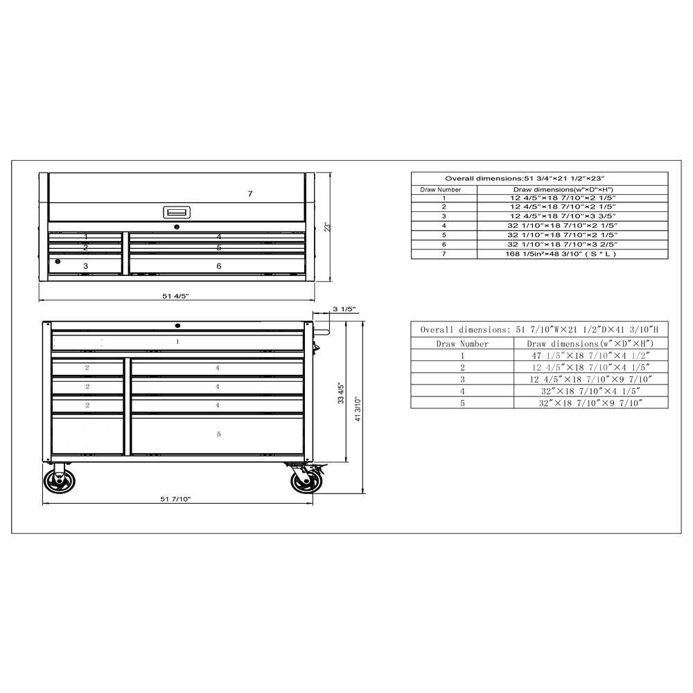 Industrial 52 in. W x 21.5 in. D 15-Drawer Tool Chest and Rolling Cabinet Combo with LED Light in Matte Black
