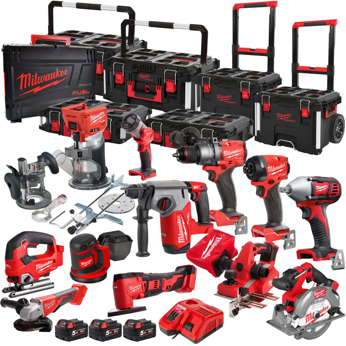 MW 18V 12 Piece Power Tool Kit with 3 x 5.0Ah Battery Charger & Trolle