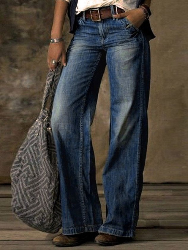 Denim Casual Loose Plain Jeans