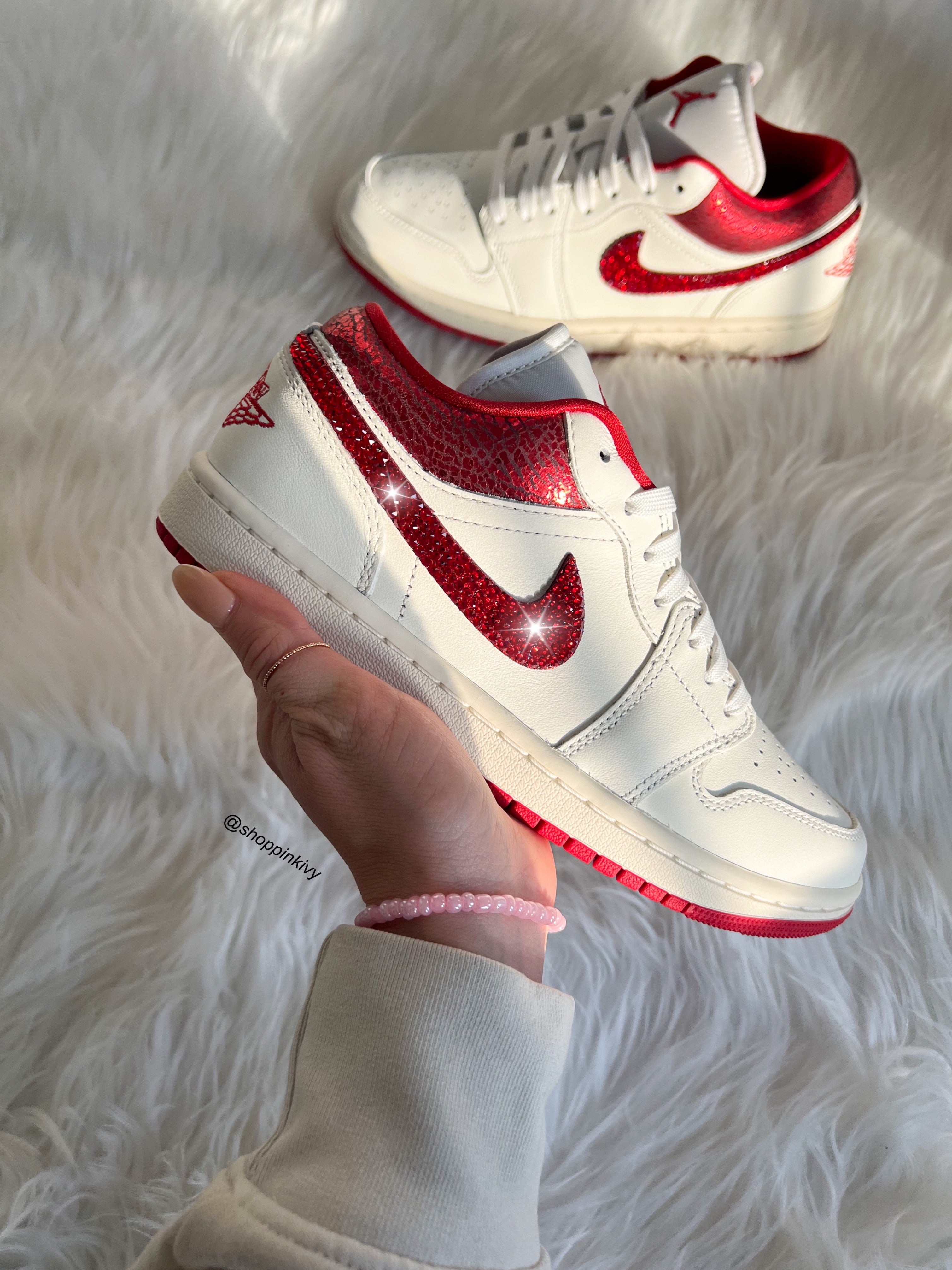 Red Shimmer Snake Print Swarovski Women’s Air Jordan 1 Low Shoes