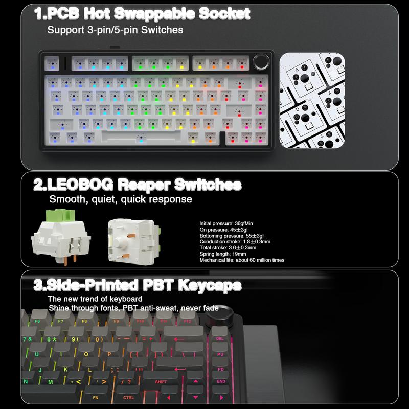 AULA F75 Pro Mechanical Keyboard RGB Backlit 2.4G Wireless Bluetooth Hot